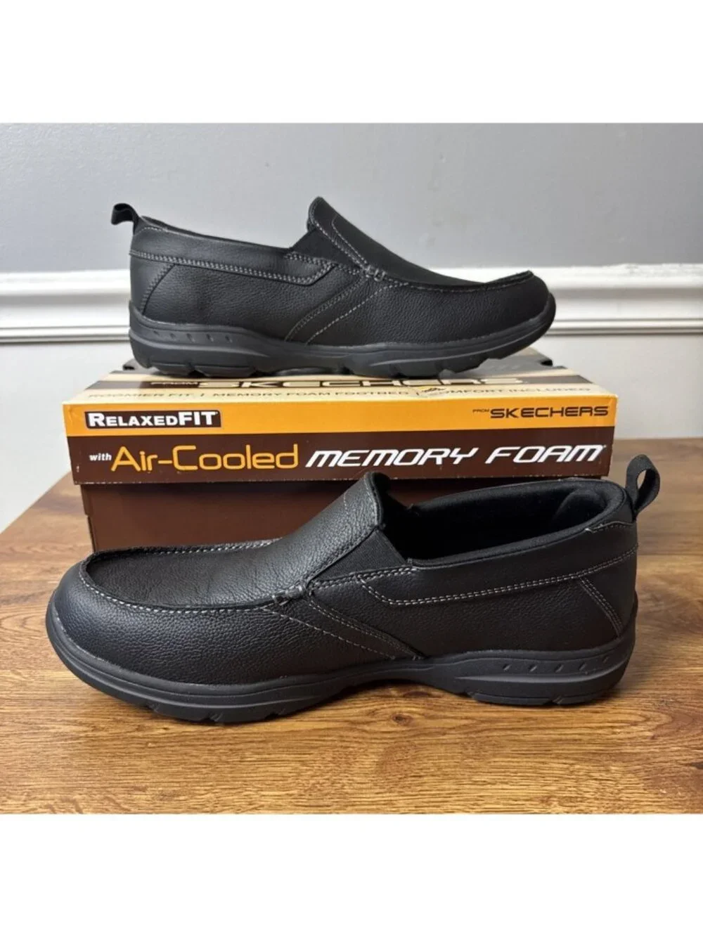 Skechers Harper Forde Black Leather Extra Wide Fit Slip-On Shoes Men's 10.5 EWW